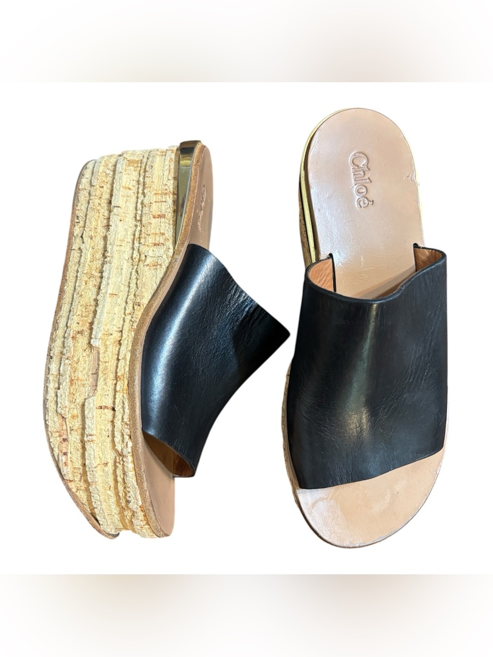 Chloé Black Leather platform Cork Wedge Slide Sandals size 7